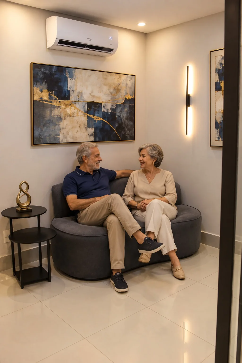 Casal sorrindo em uma sala de espera